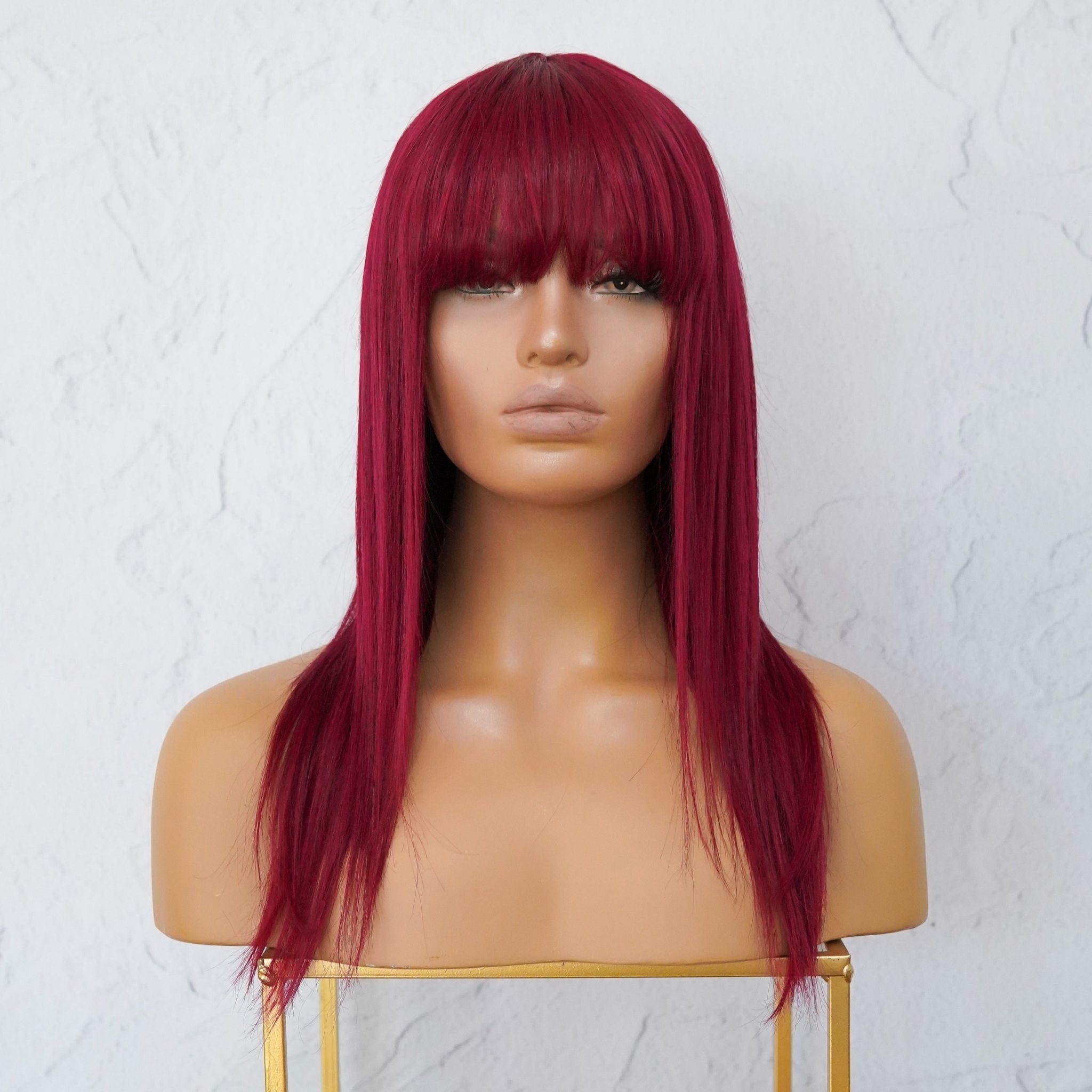 VICTORIA Burgundy Red Human Hair Fringe Wig ** READY TO SHIP ** - Milk & Honey